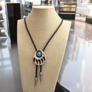 Silver Bear Paw Turquoise Black Leather Bolo Tie - NEW
